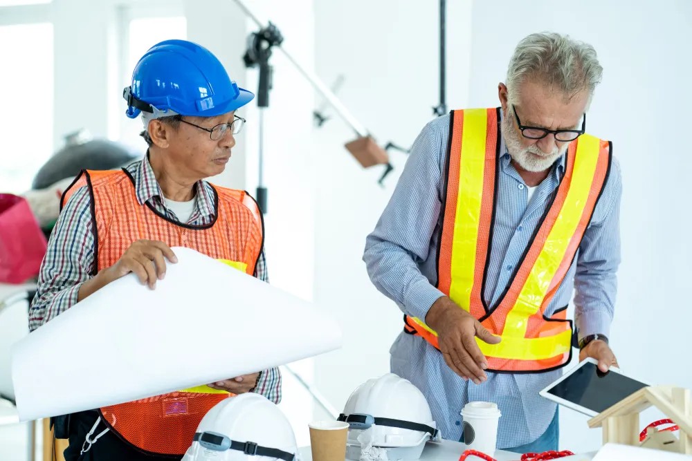 Dos ingenieros en obra analizando un proyecto inmobiliario